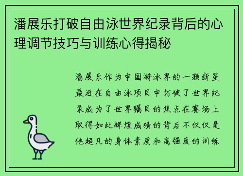 潘展乐打破自由泳世界纪录背后的心理调节技巧与训练心得揭秘