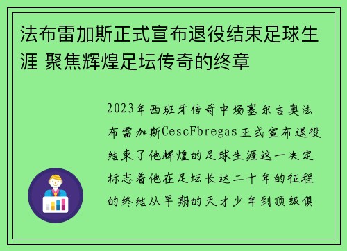 法布雷加斯正式宣布退役结束足球生涯 聚焦辉煌足坛传奇的终章