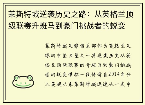 莱斯特城逆袭历史之路：从英格兰顶级联赛升班马到豪门挑战者的蜕变